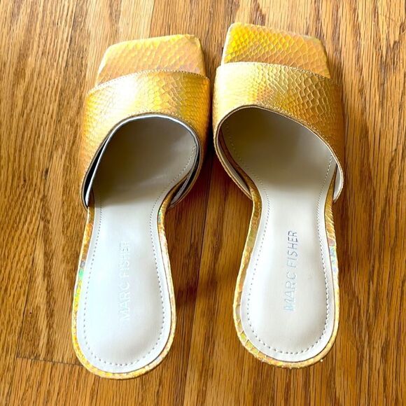 Marc Fisher- “Danria” Square Toe Gold Metallic Slide Dress Heels-8M- NEW - Picture 2 of 10